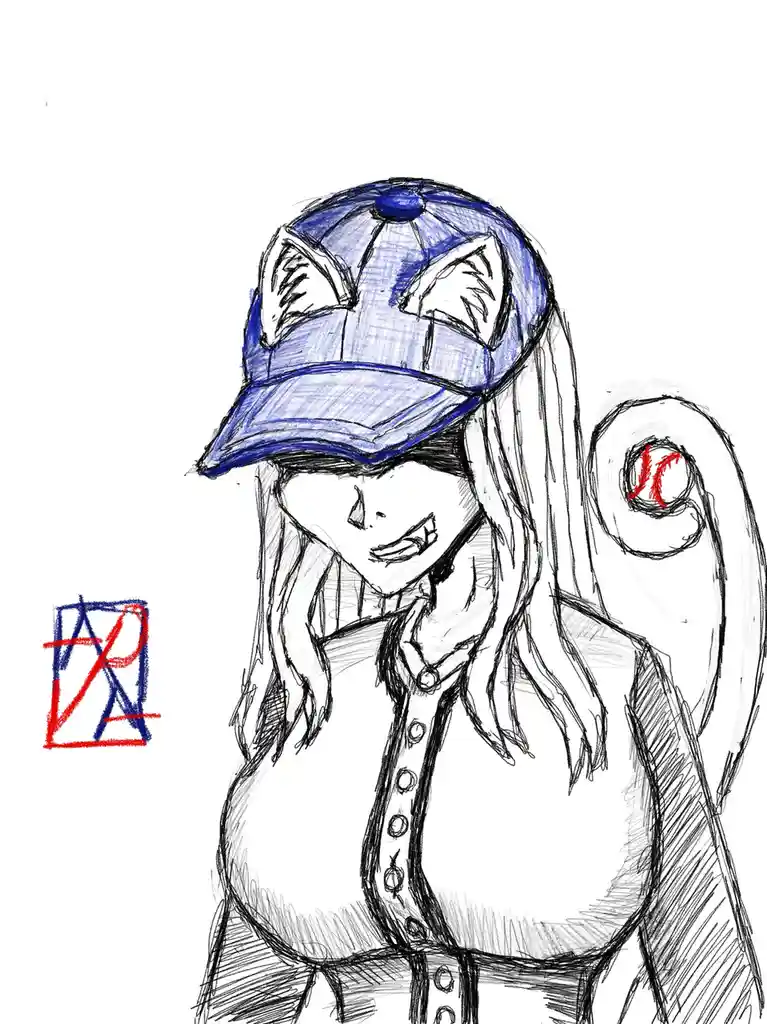 A hand-drawn anime-style sketch shows a character with long hair wearing a blue baseball cap with cat ears, smiling while…