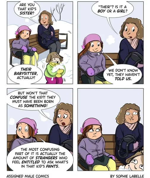 A four-panel comic strip shows a woman asking a girl if she's her kid's sister, only to be corrected that she's the…