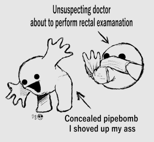 A black-and-white cartoon depicts a small, round, masked figure with a pipe bomb concealed in its rear, labeled 'Concealed…