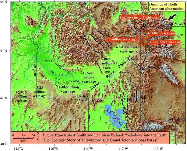 A geological map of the western United States showing the Yellowstone Caldera and surrounding volcanic features, with…