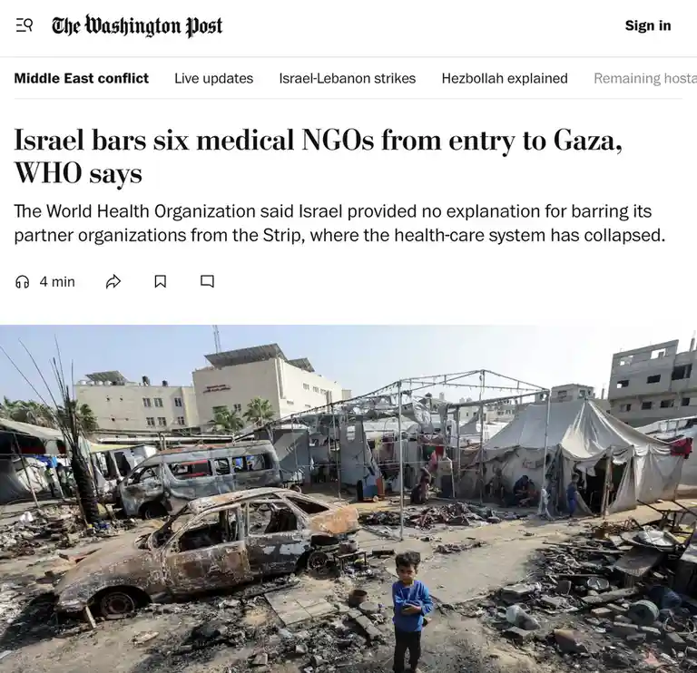 A screenshot of a Washington Post article headline about Israel barring medical NGOs from Gaza, overlaid on a photo of a…