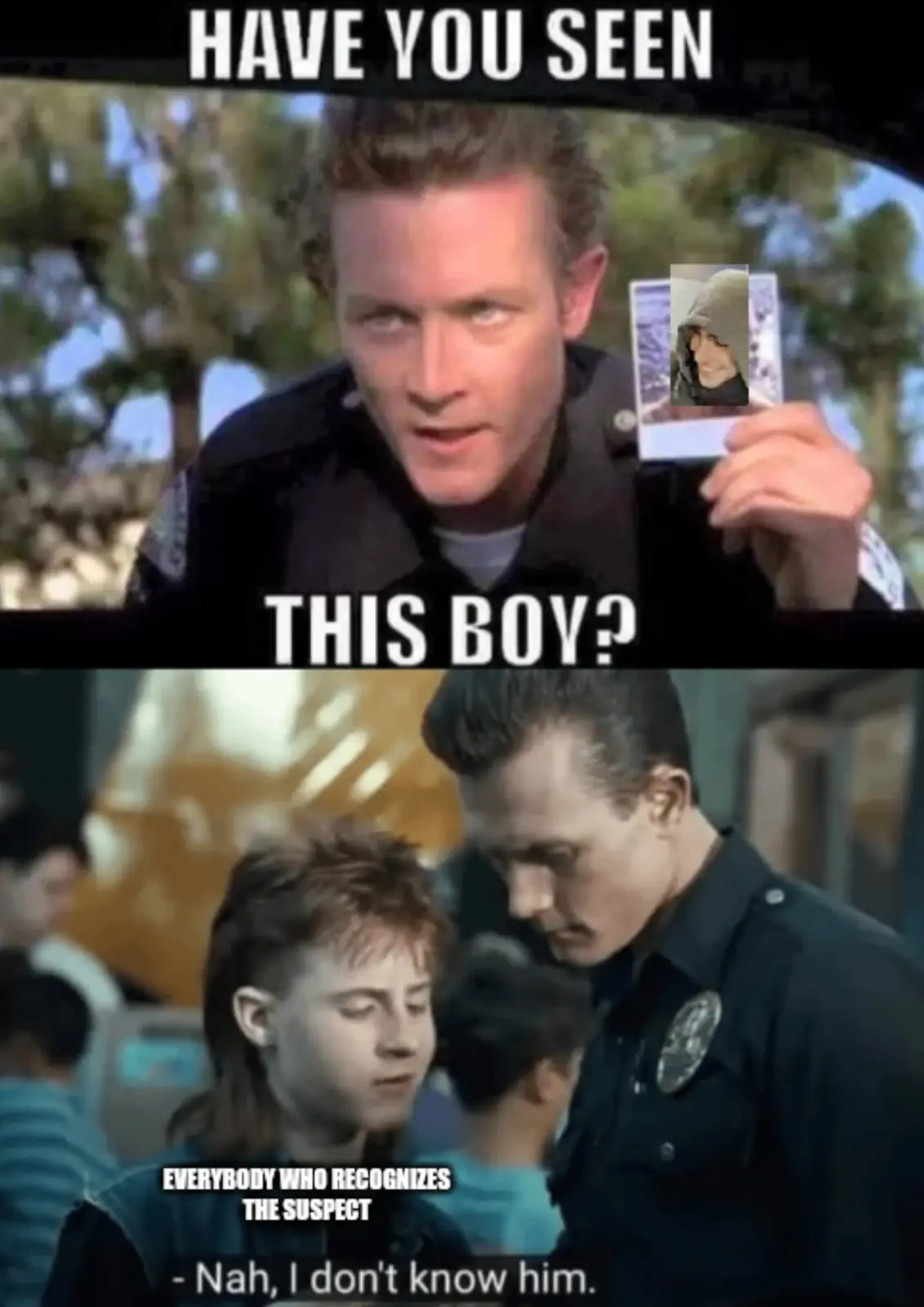 The image is a two-panel meme. The top panel shows a police officer holding up a photo of a person in a hoodie, with the…
