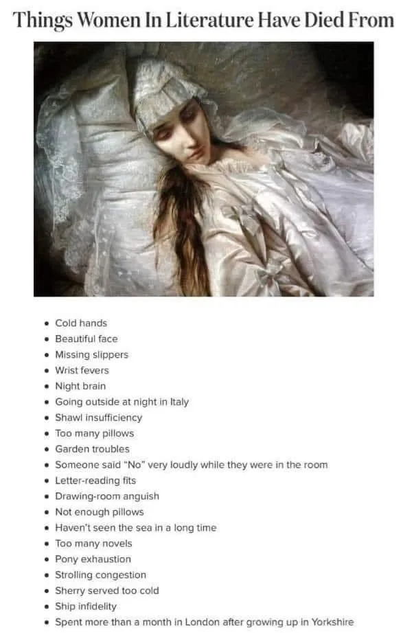 A vintage painting of a pale, sickly-looking woman in a white nightgown and bonnet, lying in bed. Overlaid text lists…