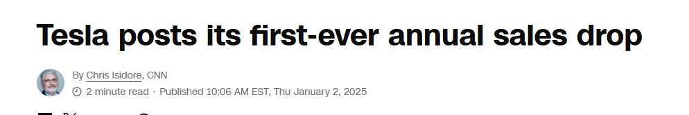 A screenshot of a CNN news article headline reading 'Tesla posts its first-ever annual sales drop,' attributed to Chris…
