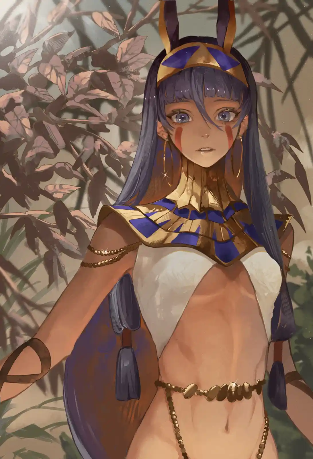 An anime-style illustration of a young woman with long blue hair and blue eyes, wearing ancient Egyptian-inspired attire…