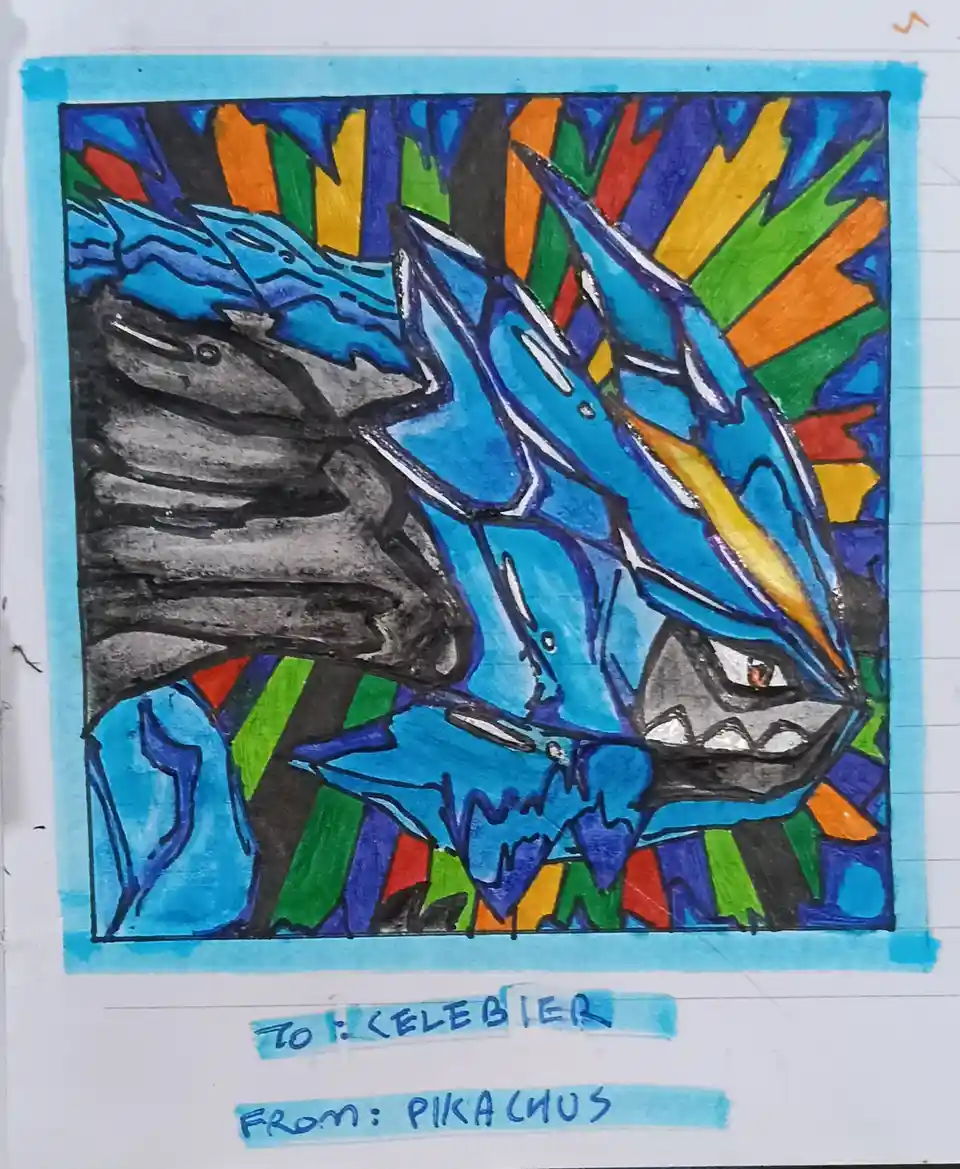 A hand-drawn, colorful illustration of a blue, spiky, dragon-like Pokémon with a fierce expression, set against a vibrant…