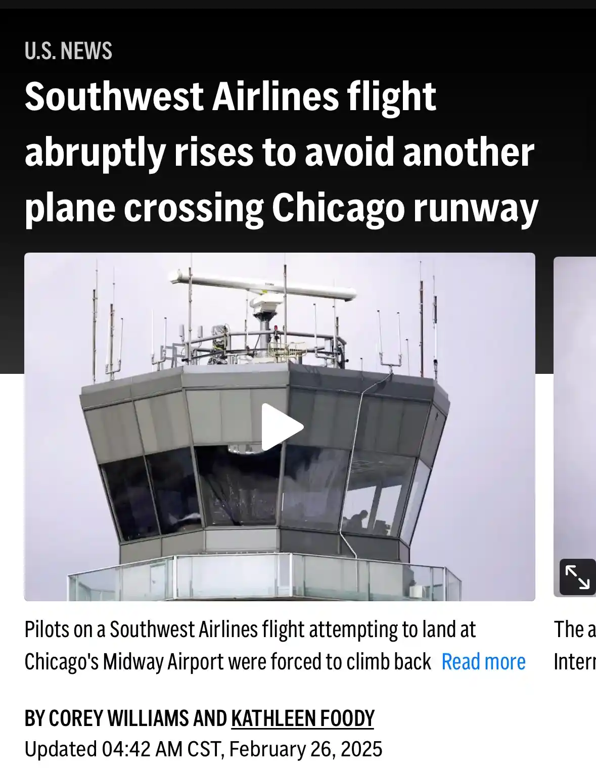 The image shows a news article screenshot from U.S. News with a headline about a Southwest Airlines flight avoiding another…