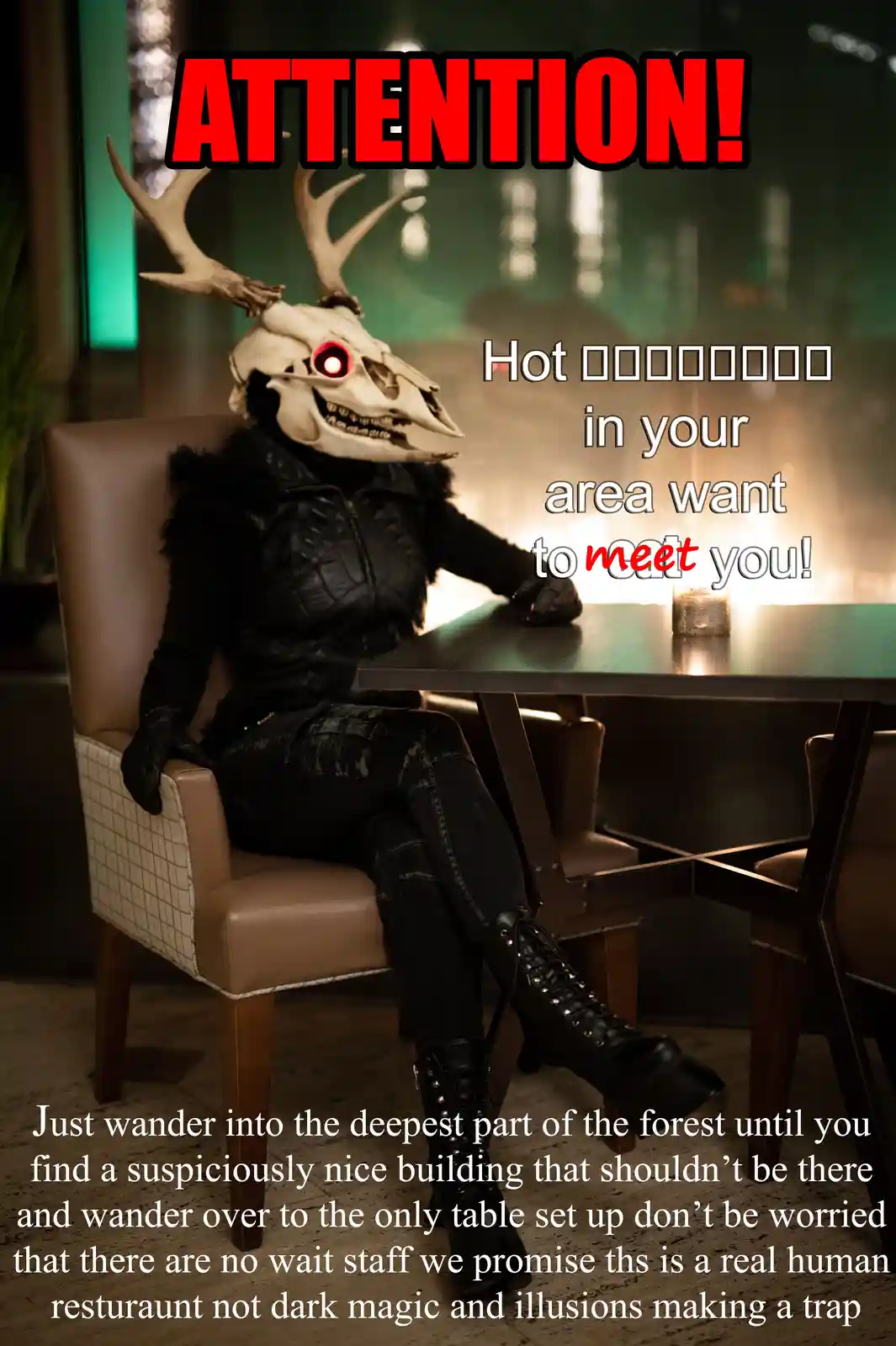 A person wearing a deer skull mask with glowing red eyes sits at a table in a dimly lit restaurant. The text overlaid on the…