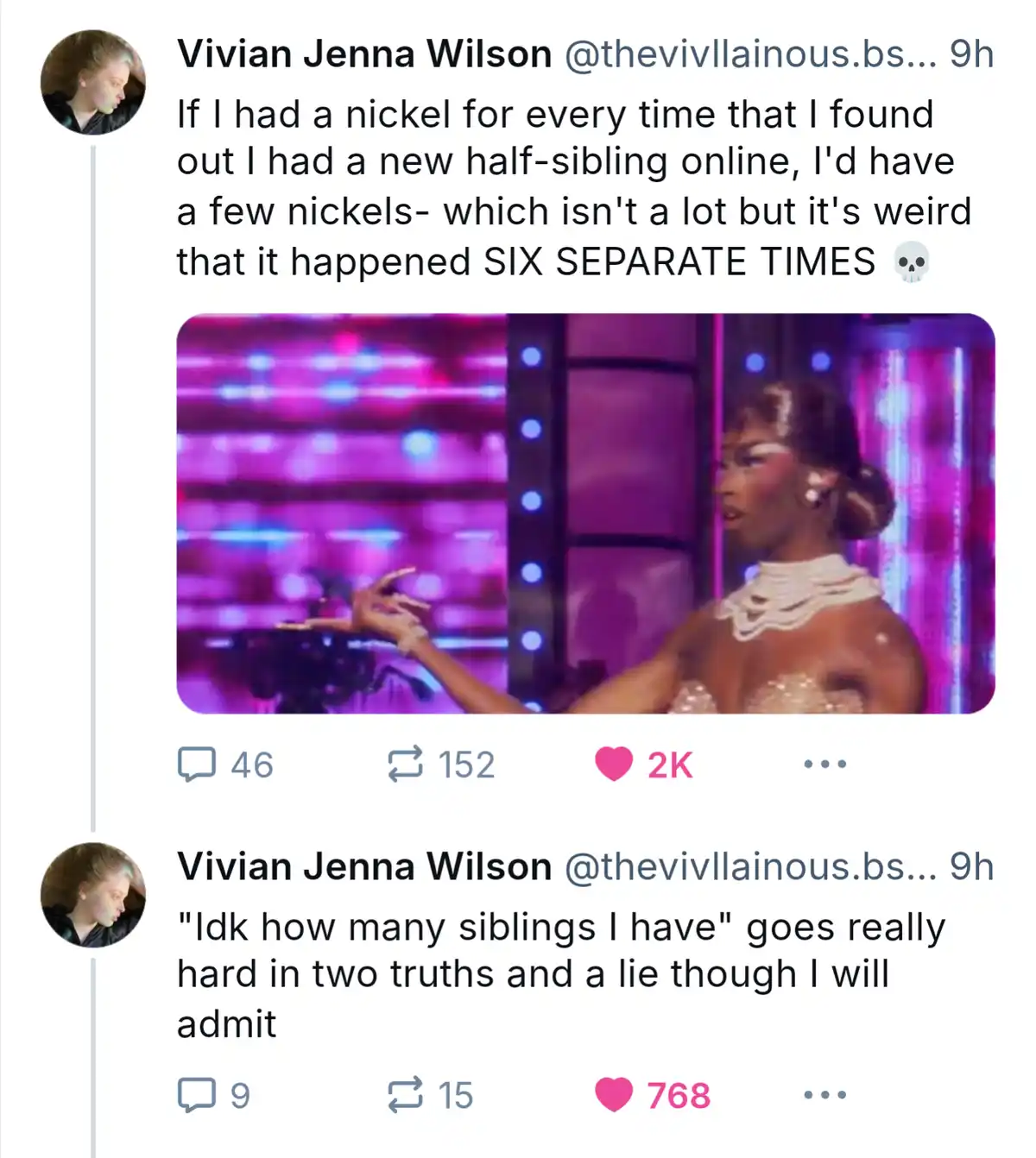 A screenshot of a tweet by Vivian Jenna Wilson shows a photo of a drag performer in a sparkly outfit against a purple-lit…