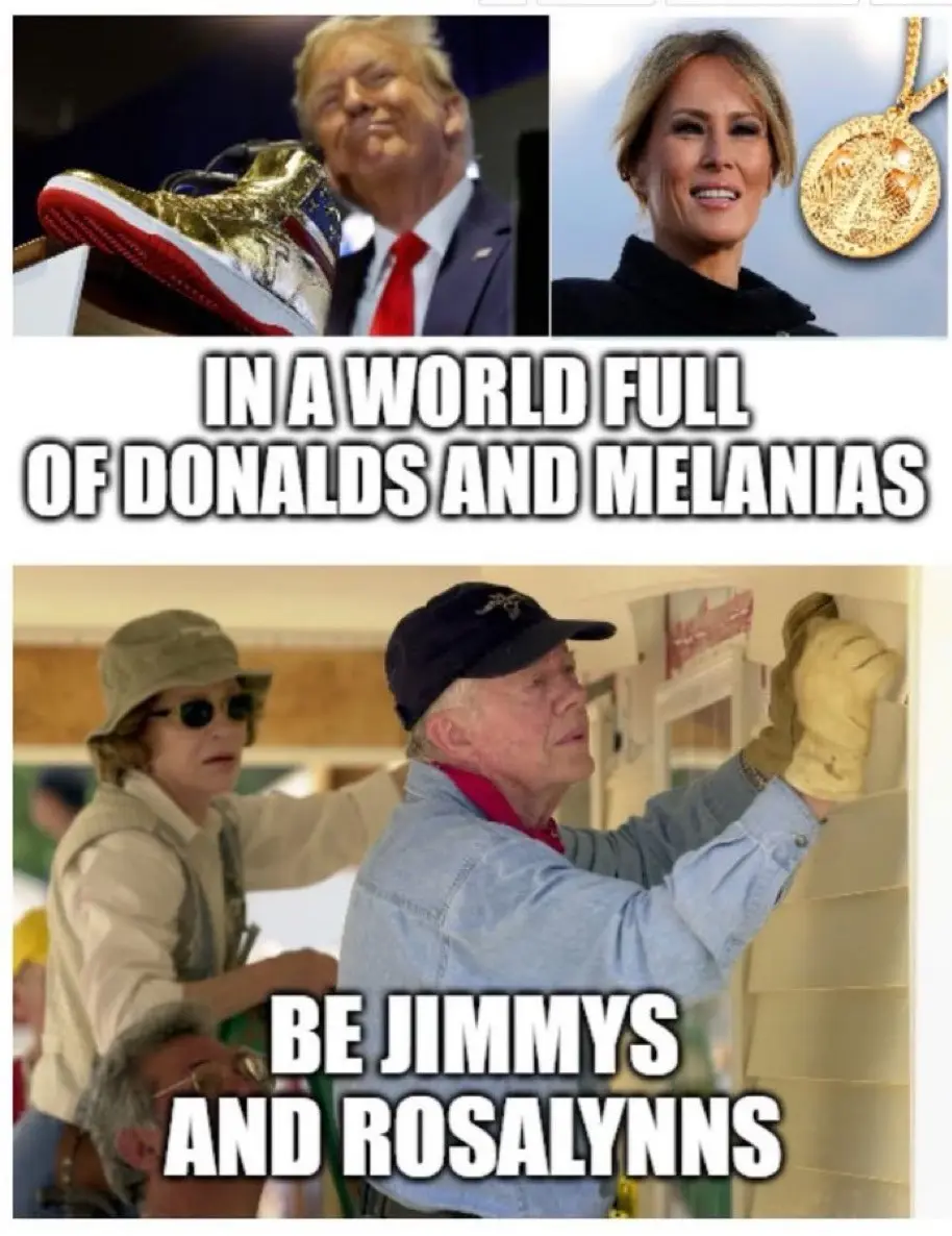 The top panel shows Donald Trump smiling beside a gold sneaker and Melania Trump smiling beside a gold pendant. The bottom…