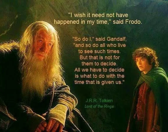 An image from 'The Lord of the Rings' shows Gandalf and Frodo in a dimly lit scene. Frodo is on the left, looking weary…