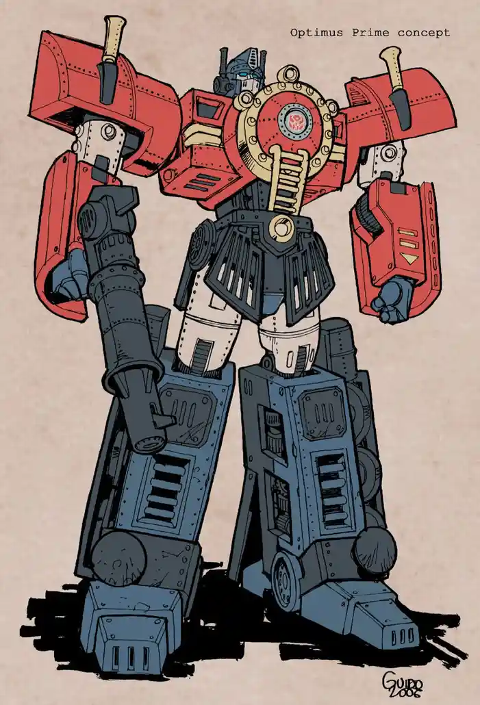 A stylized, steampunk-inspired concept art of Optimus Prime, depicted as a towering robot with red and blue metallic armor…