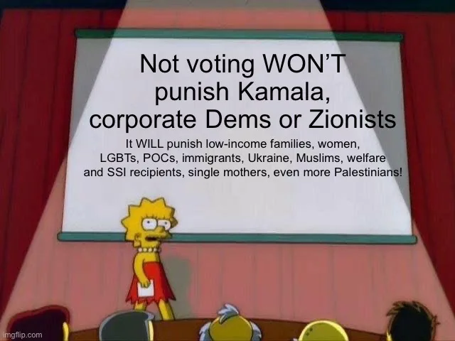 A still from The Simpsons shows Lisa Simpson standing at a podium in front of a projection screen. The screen displays text…