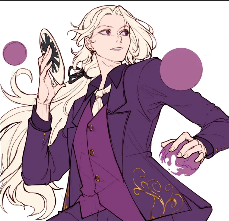 An anime-style illustration of a blonde-haired person in a purple suit holding a mirror and a purple orb, with two floating…