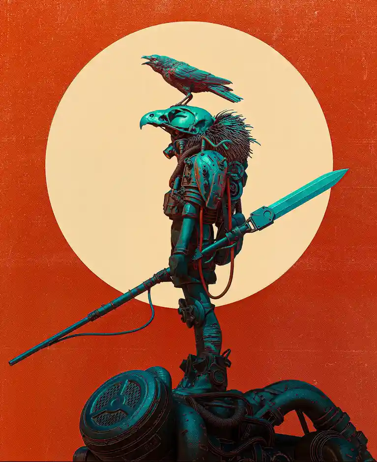 A stylized, teal-colored steampunk warrior with an eagle skull helmet and a crow perched on top, holding a spear-like…