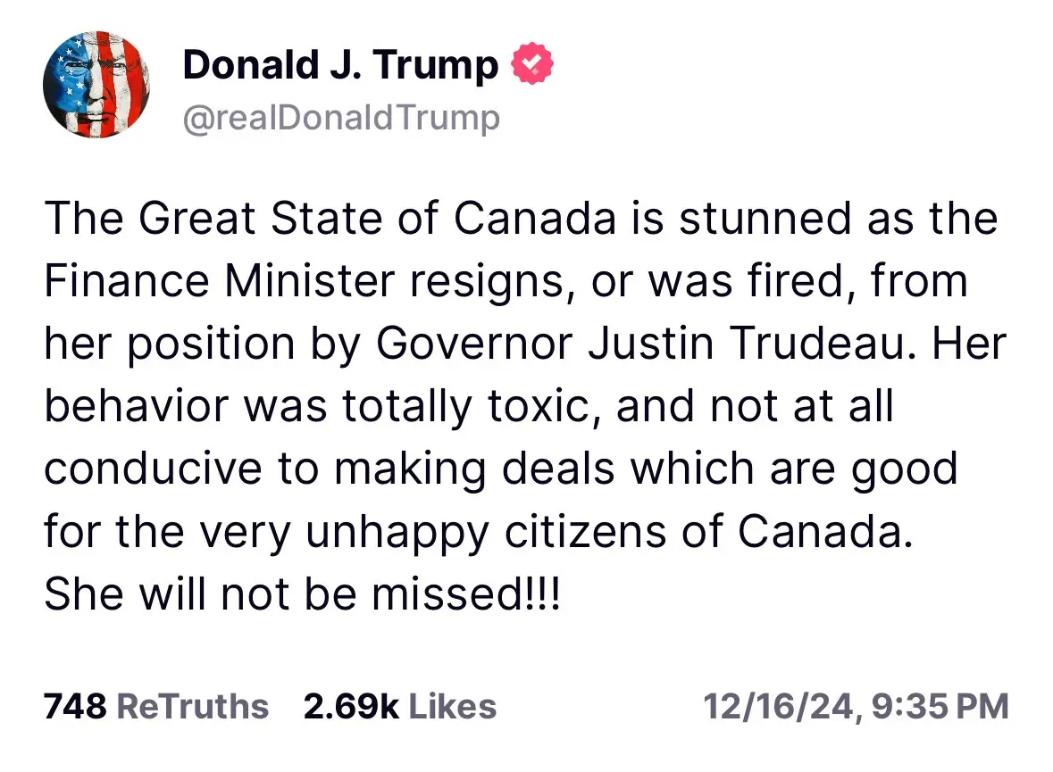 A screenshot of a tweet from Donald J. Trump's verified account, which falsely claims Canada's Finance Minister was fired by…