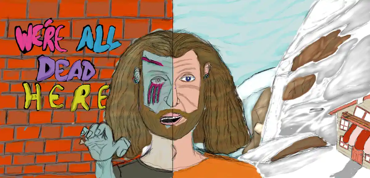 A split-screen drawing shows a man with long hair and beard, half of his face normal and half zombie-like, against a brick…