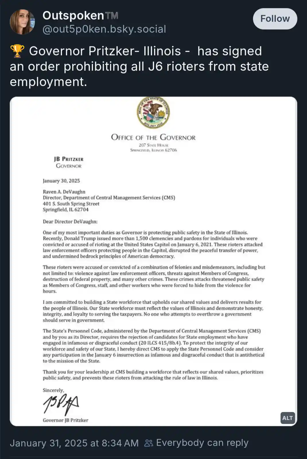 An image of a formal letter from the Office of the Governor of Illinois, signed by Governor JB Pritzker, dated January 30…