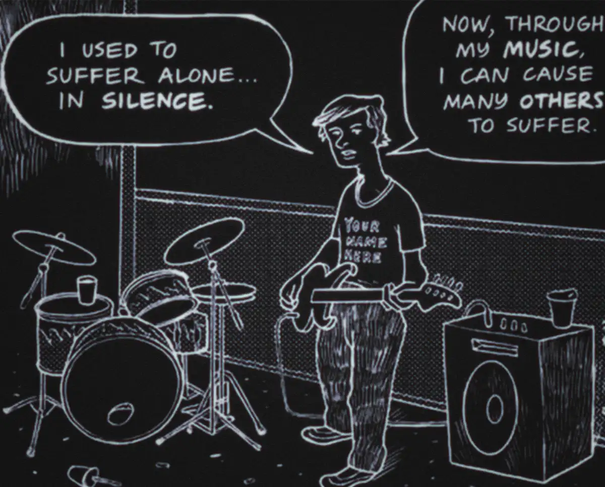 A black-and-white comic-style drawing shows a person holding a guitar next to a drum set and a speaker. Two speech bubbles…
