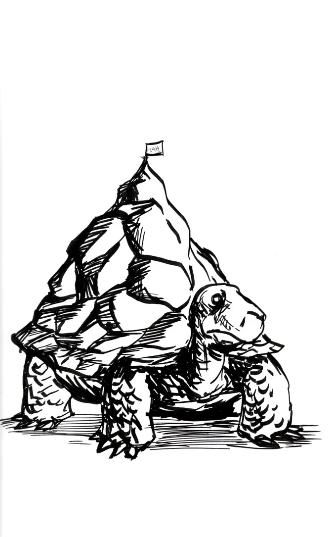 A black-and-white sketch shows a turtle with its shell drawn to resemble a mountain, complete with a small flag on top that…