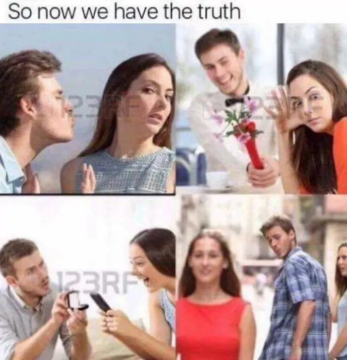 A four-panel meme showing a man proposing to a woman in each panel, with her reaction changing from unimpressed to shocked…