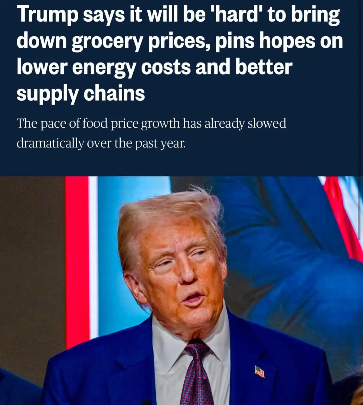 A photo of Donald Trump speaking, wearing a blue suit and tie with an American flag pin, overlaid with text stating his…
