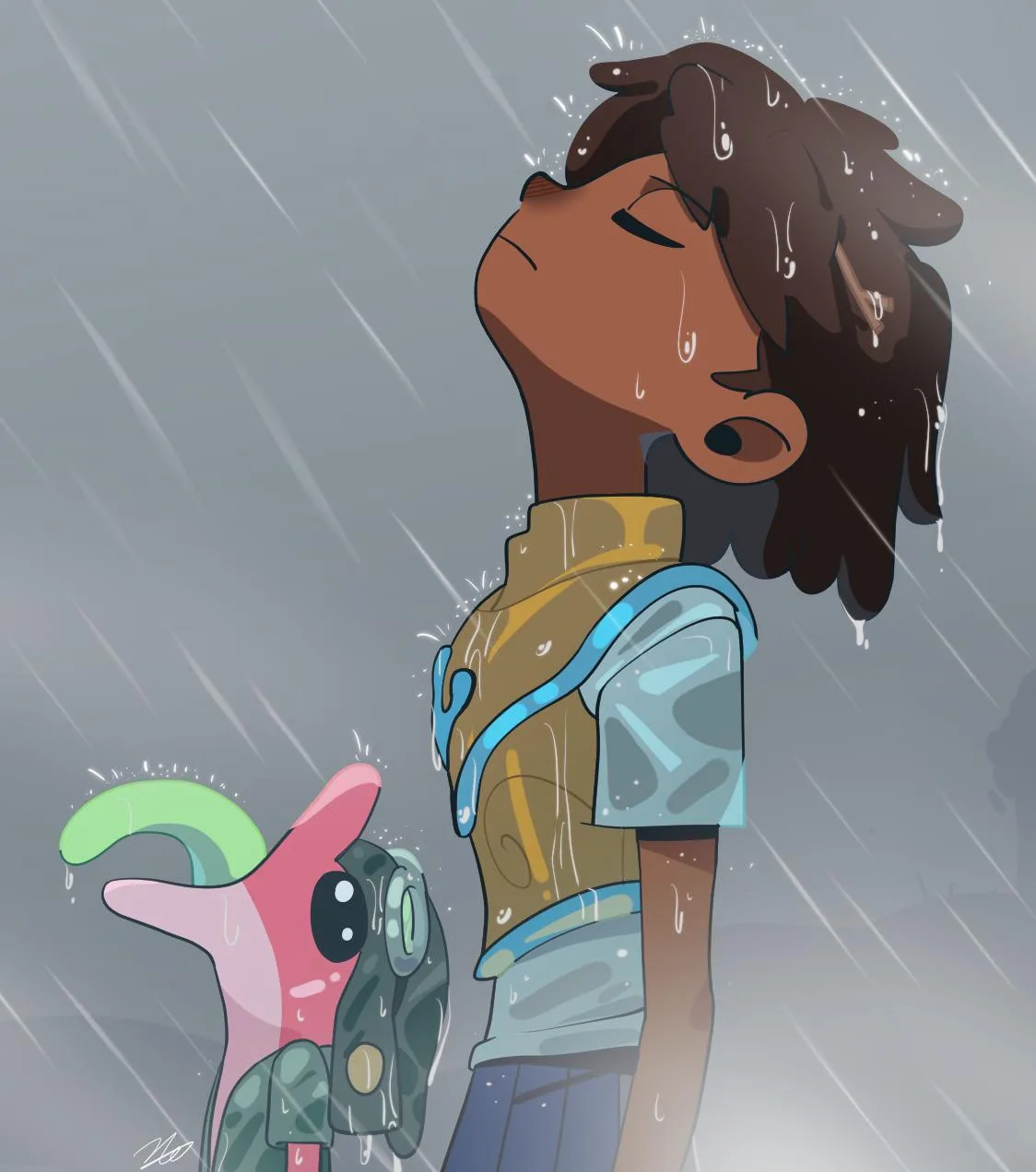 An anime-style illustration shows a young person with dark skin and curly hair standing in heavy rain, tilting their head…