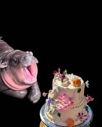 A close-up image shows a hippopotamus with its mouth wide open, appearing to be in shock or awe, staring at a two-tiered…