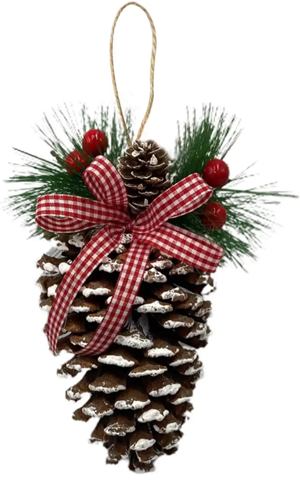 A decorated pine cone ornament with a red and white checkered bow, green pine needles, and red berries, with a rope hanger…