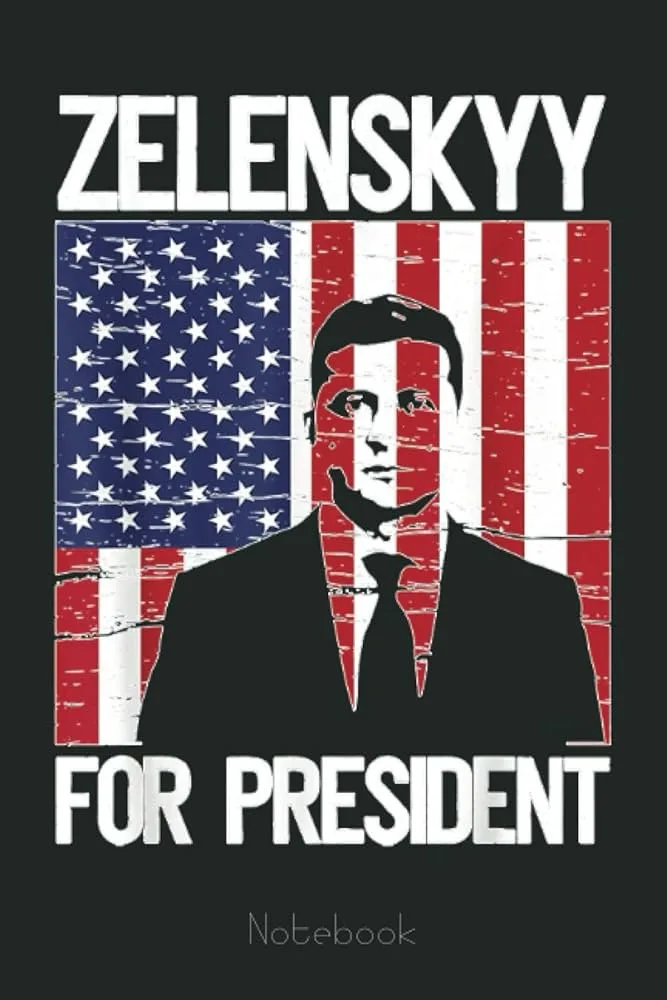 A notebook cover features a stylized black silhouette of Ukrainian President Volodymyr Zelenskyy superimposed over a…