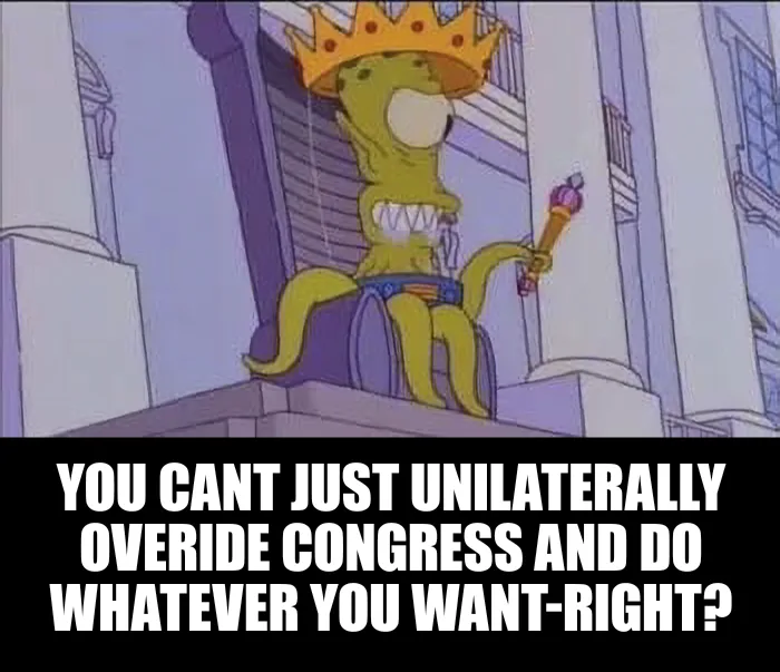 A green, octopus-like cartoon character wearing a golden crown and holding a scepter sits on a throne atop a building. The…