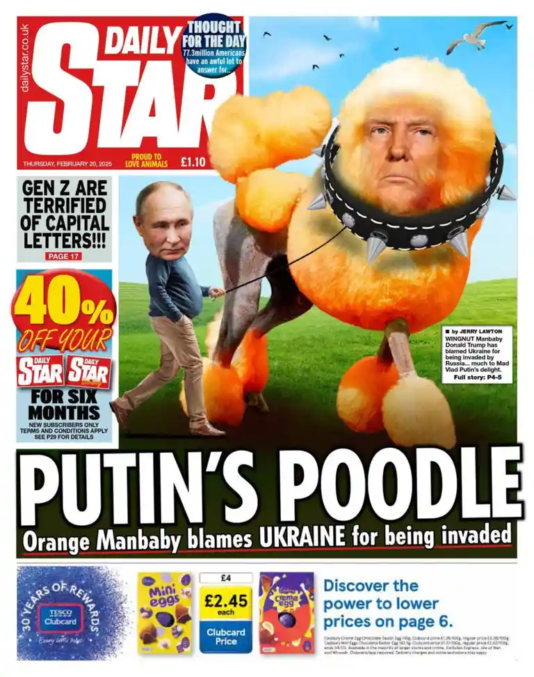 The image is a satirical newspaper front page from the Daily Star, dated February 20, 2025. It features a caricature of…