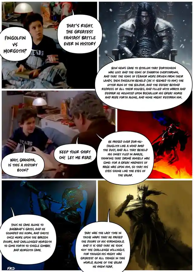 A comic strip parodying a child's reaction to a grandpa reading Tolkien's 'The Silmarillion,' where the child initially…