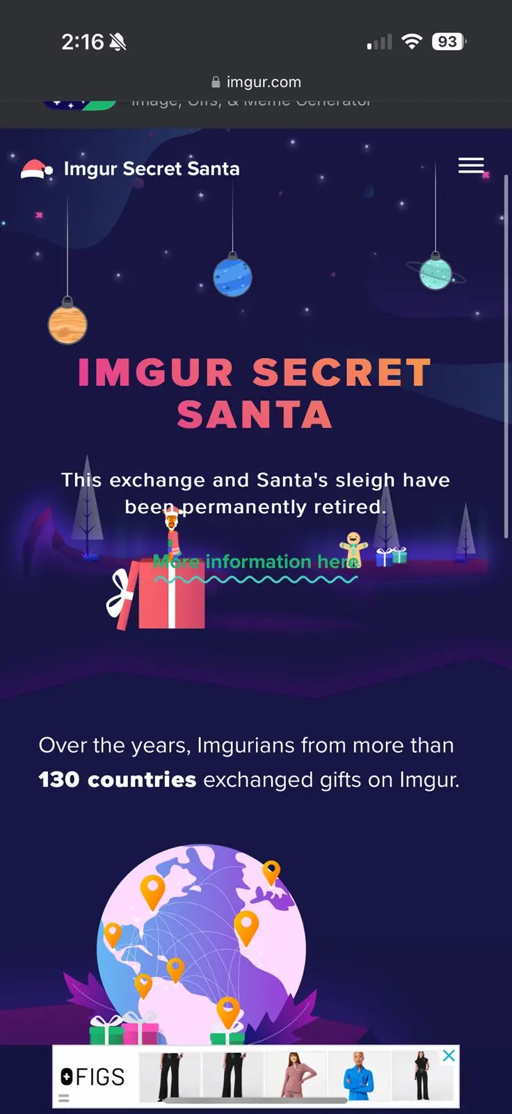 A screenshot of Imgur's Secret Santa page, which announces the permanent retirement of the gift exchange program. The page…