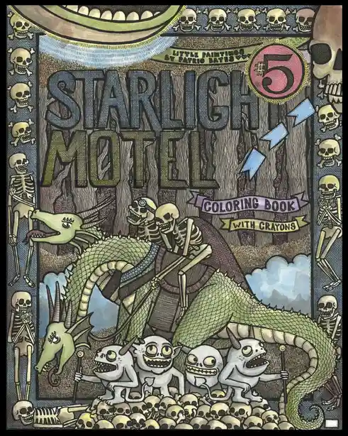 The image is the cover of a coloring book titled 'Starlight Motel #5' by Patrick Bates, featuring a green dragon ridden by…