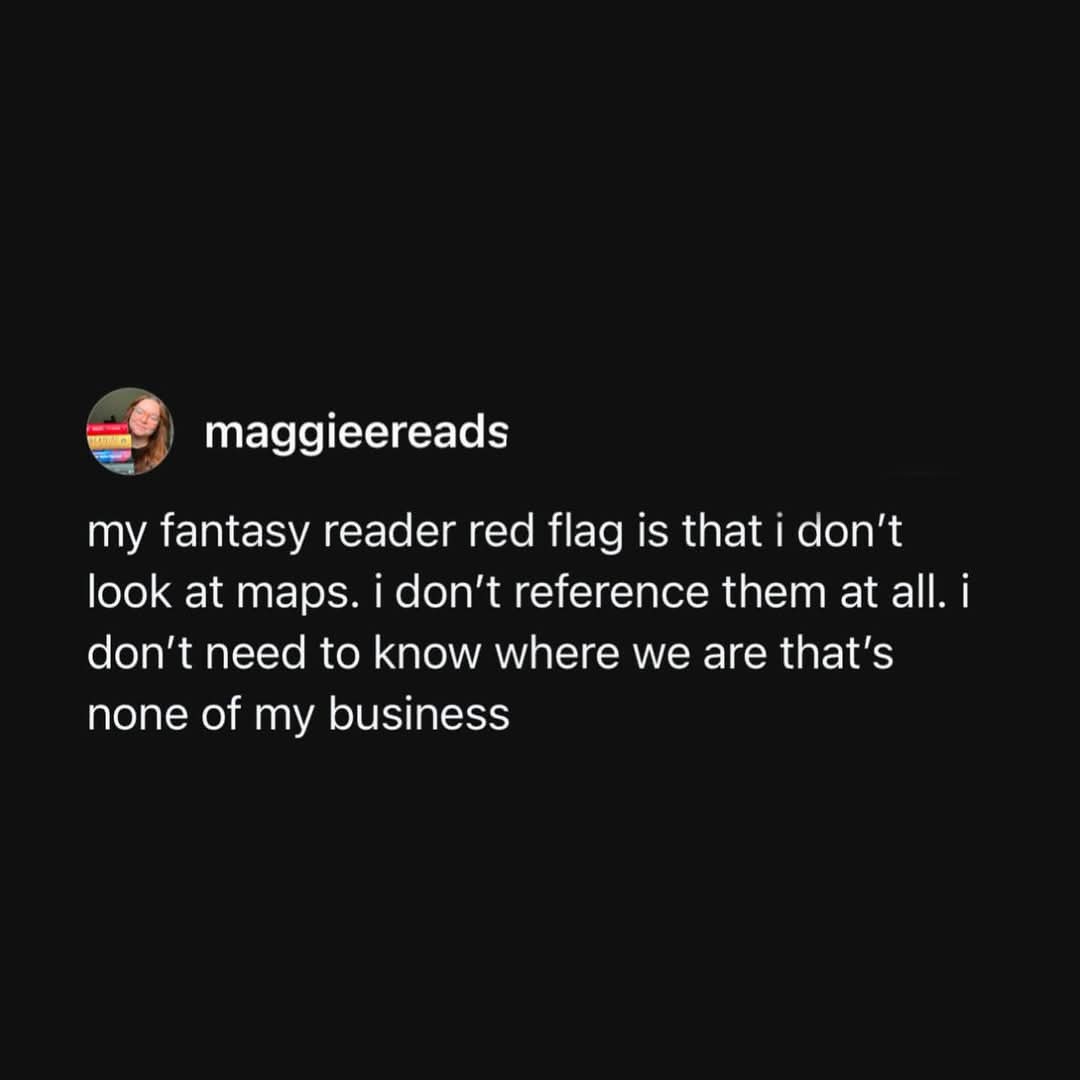 A screenshot of a social media post by 'maggieereads' with a black background and white text. The text humorously states…