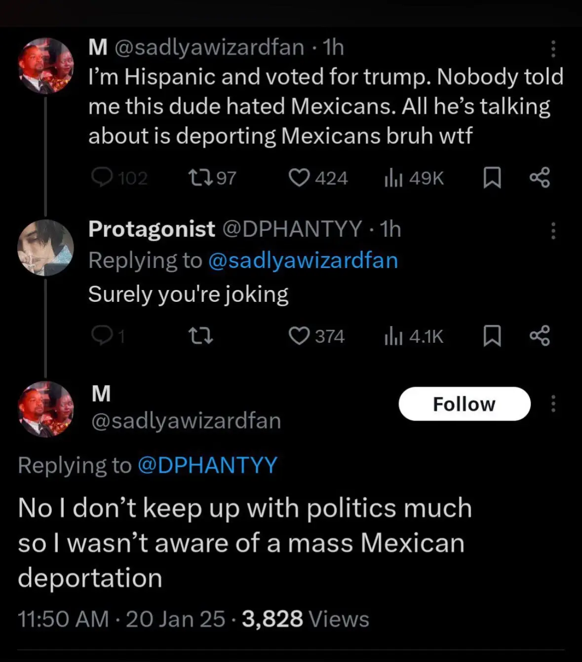 A screenshot of a Twitter thread shows a user expressing shock that a politician they voted for (Trump) is advocating for…