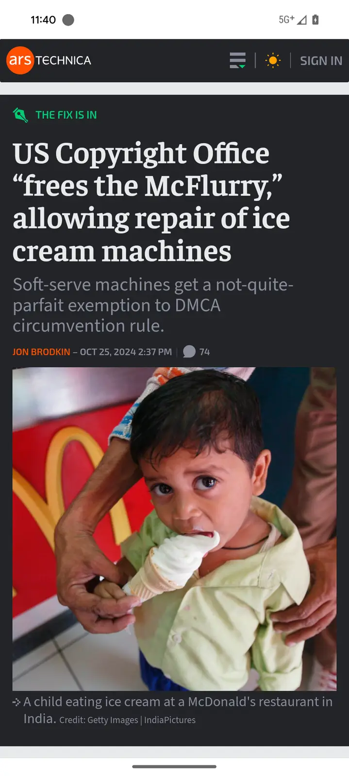 A screenshot of an Ars Technica article shows a photo of a young child eating a soft-serve ice cream cone at a McDonald's in…