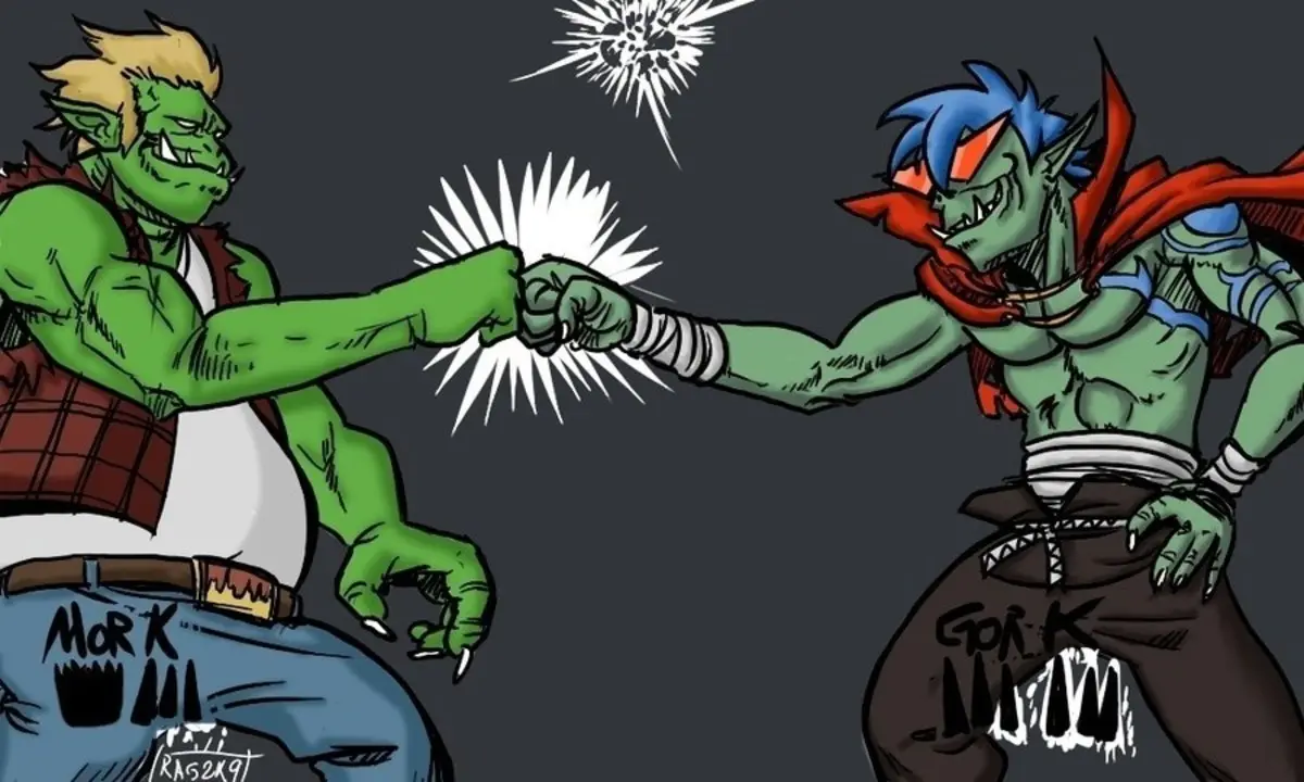 Two green-skinned, muscular cartoon characters, one with blonde hair and plaid vest labeled 'MORK', the other with blue hair…