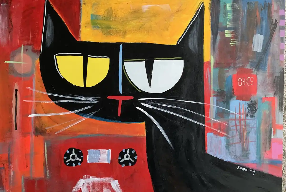 A stylized painting of a black cat with one yellow eye and one white eye, set against a colorful abstract background. A red…