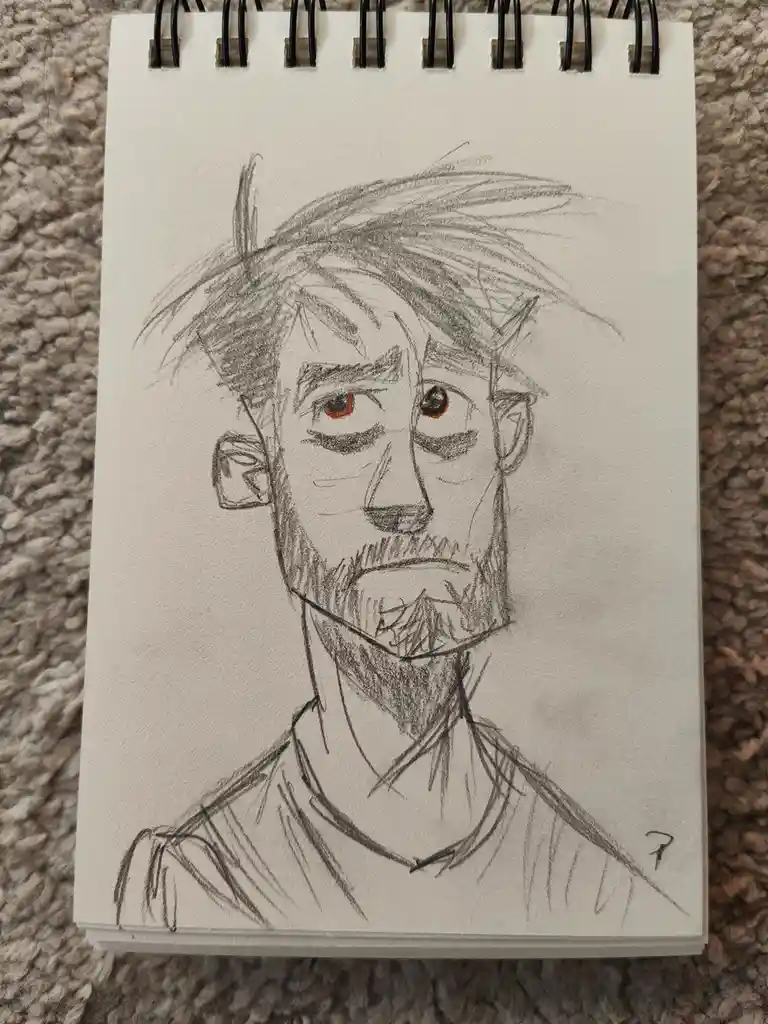 A pencil sketch on a spiral-bound notebook page depicts a man with messy hair, a beard, and intense red eyes staring…