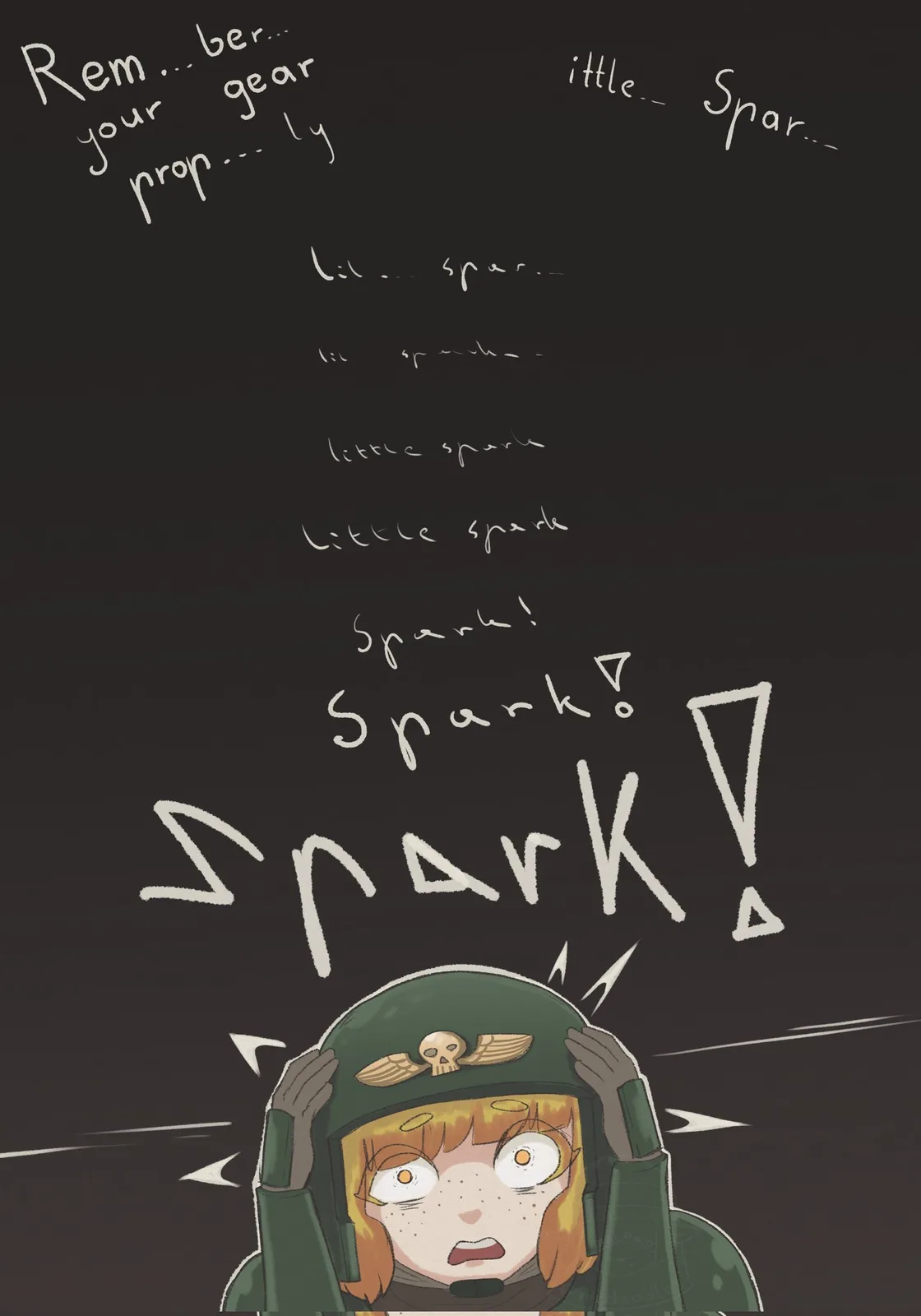 An anime-style illustration shows a young pilot with freckles and wide eyes, wearing a green flight helmet with a skull and…