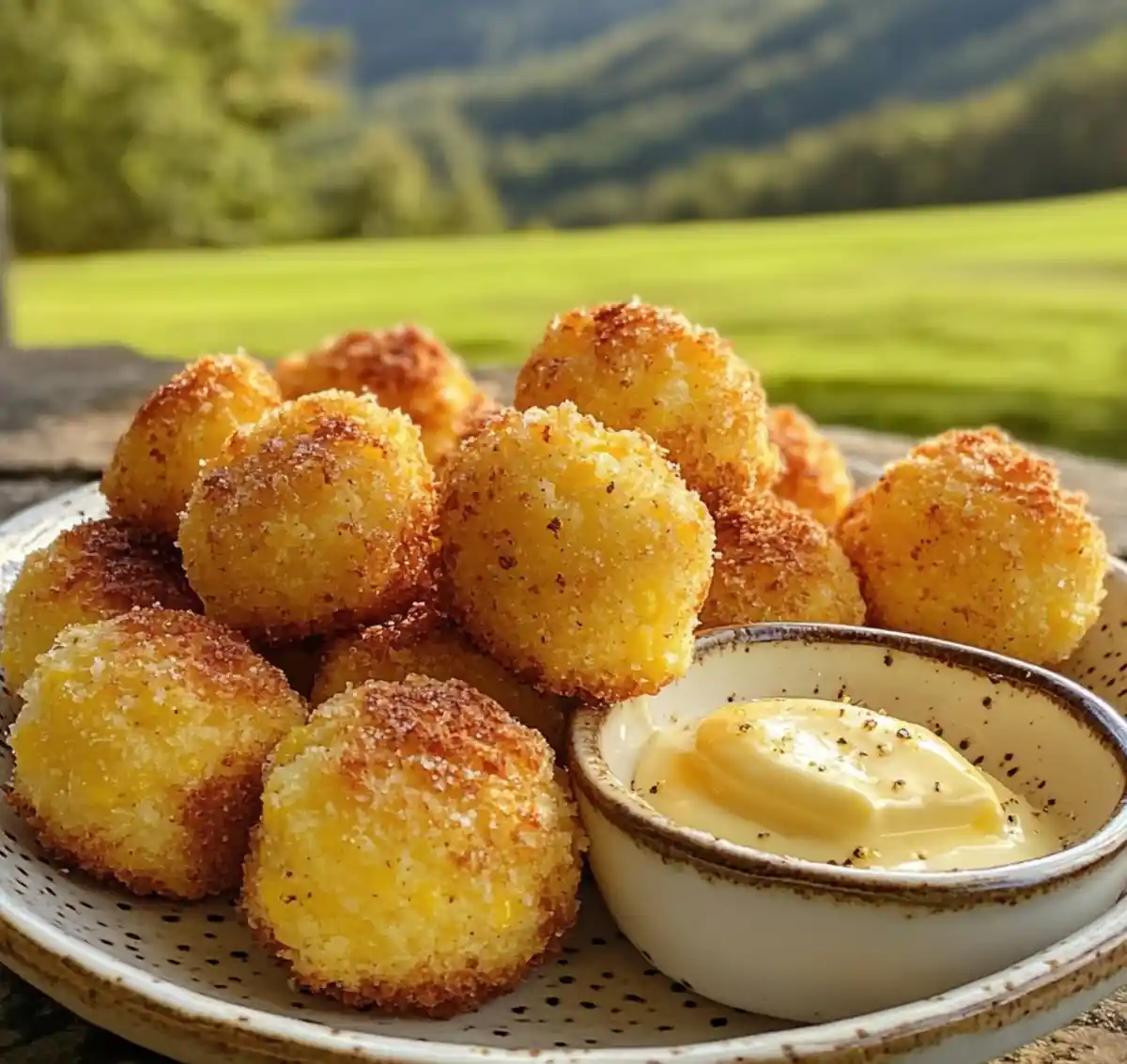 A plate of golden-brown, crispy fried balls, likely cheese curds or potato croquettes, sits beside a small bowl of creamy…