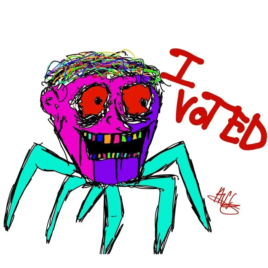 A crudely drawn, colorful cartoon spider with a human-like face, red eyes, and rainbow-colored hair, has the text 'I VOTED'…