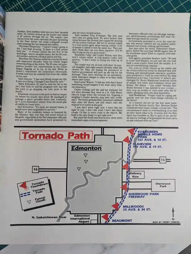 A newspaper article about a tornado in Edmonton, Alberta, includes a map titled 'Tornado Path' showing the storm's route…