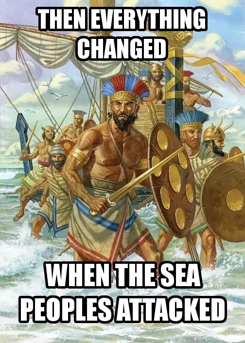 An illustration of ancient warriors, likely Egyptians, disembarking from a ship into the sea with weapons drawn. The top…