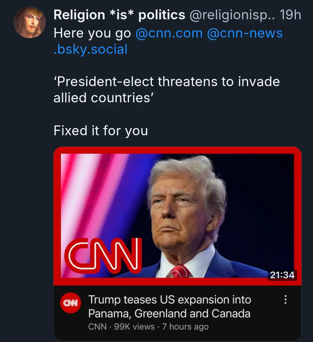 A screenshot of a social media post by 'Religion *is* politics' shows a CNN video thumbnail featuring Donald Trump. The post…