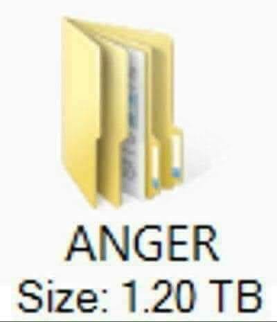 A yellow Windows folder icon is shown with overlaid text reading 'ANGER' and 'Size: 1.20 TB', humorously implying that anger…