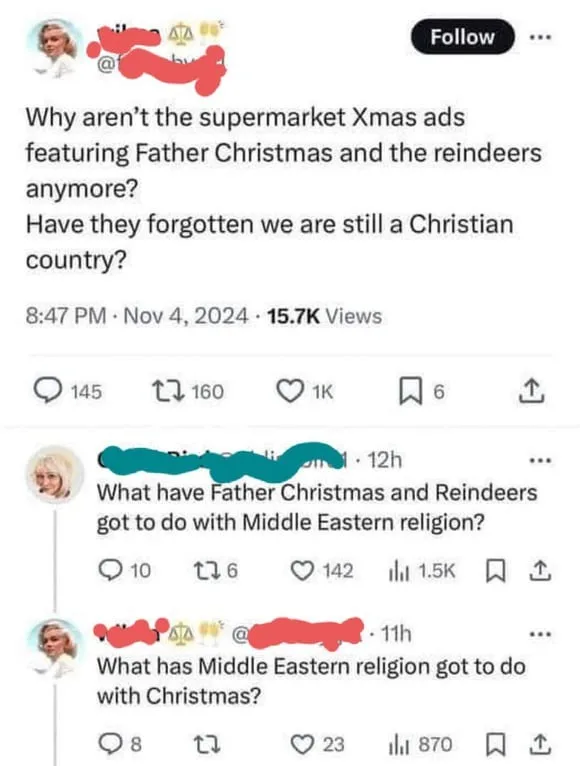 A screenshot of a Twitter thread shows a user questioning why supermarket Christmas ads no longer feature Father Christmas…