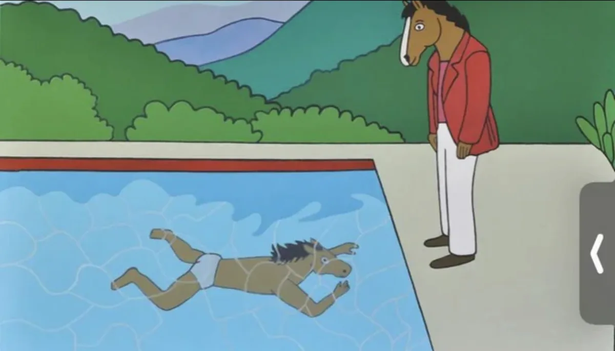 In this cartoon scene, a human-like horse character in a red jacket and white pants stands by a pool, looking down at…